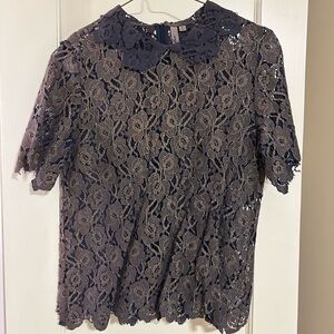 Elegant Lace Floral Blouse in Navy and Beige